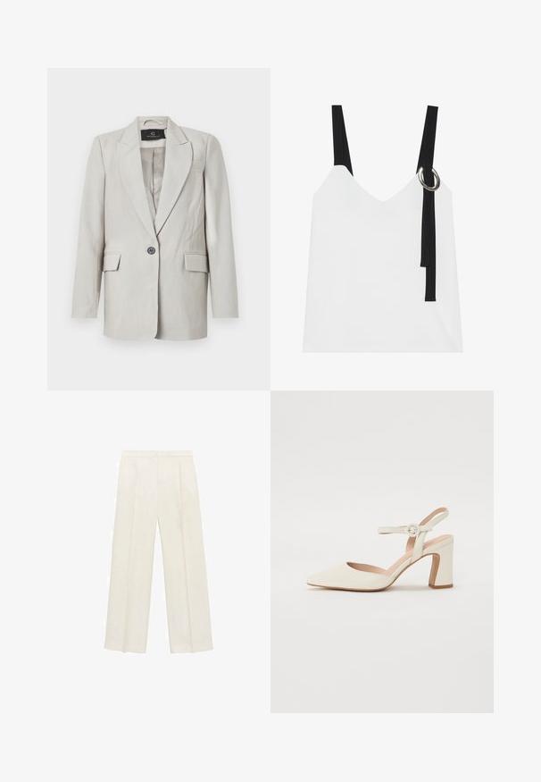 Jasnoszary żakiet o usztywnionej konstrukcji, z pojedynczym czarnym guzikiem, dwiema przednimi kieszeniami i klapą typu notch. Gładka tekstura materiału.; Biała bezrękawnikowa bluzka z dekoltem w serek, z czarnymi ramiączkami i srebrnym detalem w kształcie pierścienia. Gładki materiał i nowoczesny, minimalistyczny design.; Spodnie o szerokich nogawkach w jasnym kolorze kremowym. Wykonane z gładkiego materiału, z plisami z przodu i bocznymi kieszeniami.; Czółenka w kolorze kremowym z szpiczastym noskiem i blokowym obcasem. Zawierają cienki pasek na kostkę z okrągłą klamrą oraz gładką skórzaną fakturę.