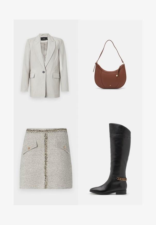 Šviesiai pilkas švarkas su struktūrizuota išvaizda, turintis vieną juodą mygtuką, dvi priekinės kišenes ir notch tipo apykaklę. Lygi medžiagos tekstūra.; Juodas tankas iš raibuoto audinio, su apvaliu kaklu ir prigludusia forma. Lygūs siūlės ir jokios papuošimų. Paprastas ir elegantiškas dizainas.; Audimas pintas tweed sijonas baltai juodai su žuvų kaulų raštu, turi dvi priekines kišenes ir auksinės spalvos užtrauktuką gale su nusidėvėjusiais kraštais.; Aukšti juodi odiniai batai su liekna forma, smailiu smaigaliu ir aukso grandinėlės akcentu ties kulkšnimi. Žemas bloko kulnas. Lygi tekstūra.; Ruda dirbtinės odos petinė piniginė su kreiva forma, minimalia siuvimo linija ir auksinės spalvos įranga. Yra užtrauktuko uždarymas viršuje ir reguliuojama petneša.; Sidabrinės auskarai žiedai su lygiu, suapvalintu dizainu ir blizgiu paviršiumi. Turi minimalistišką formą su nedideliu atidarymu.