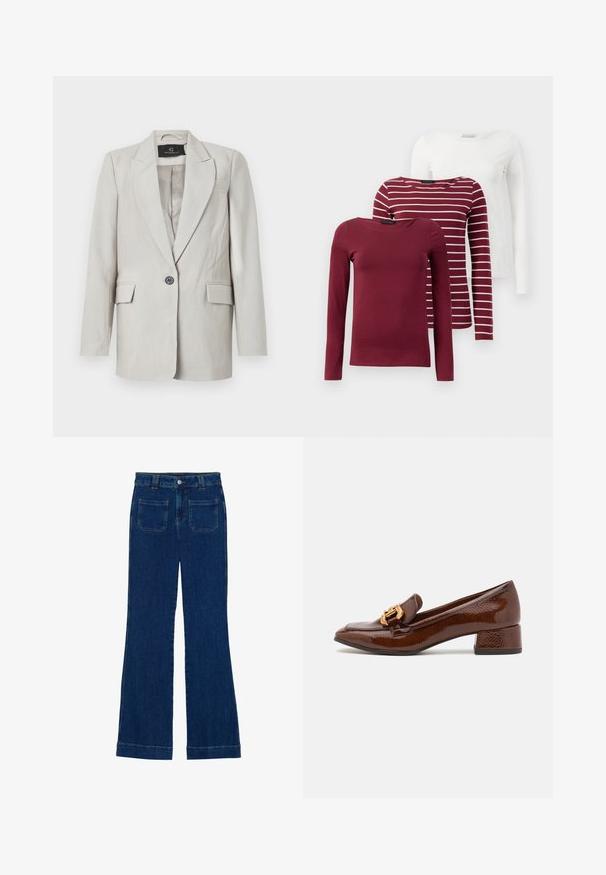 Hellgrauer Blazer mit strukturiertem Design, ausgestattet mit einem einzelnen schwarzen Knopf, zwei Fronttaschen und einem Reverskragen. Glatte Stofftextur.; Drei Langarm-T-Shirts: eines einfarbig burgunderrot, eines burgunderrot mit weißen Streifen und eines einfarbig weiß. Alle bestehen aus weichem, dehnbarem Stoff.; Dunkelblaue Denim-Jeans im Schlagstil mit glatter Textur, Fünf-Taschen-Design und einem Knopfverschluss an der Taille.; Braune Lederloafers mit glänzender Oberfläche, ausgestattet mit einer dekorativen goldenen Schnalle an der Vorderseite und einem niedrigen Blockabsatz. Klassisches Design.