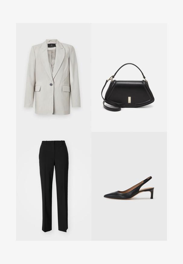 Blazer grigio chiaro con design strutturato, caratterizzato da un singolo bottone nero, due tasche frontali e rever a punta. Tessuto con texture liscia.; T-shirt bianco a maniche corte realizzato in cotone a coste. Presenta un collo rotondo e un design aderente con una texture liscia.; Pantaloni neri su misura con un design a gamba dritta, caratterizzati da una texture liscia e pieghe ben definite sul davanti. Senza hardware visibile.; Pump slingback in pelle nera con punta appuntita, tacco basso e texture liscia. Presenta una sottile cinghia regolabile per una vestibilità sicura.; Borsa a mano in pelle nera con un design strutturato, caratterizzata da una forma corta, manico superiore e accessori in metallo dorato. Inclusa tracolla regolabile.