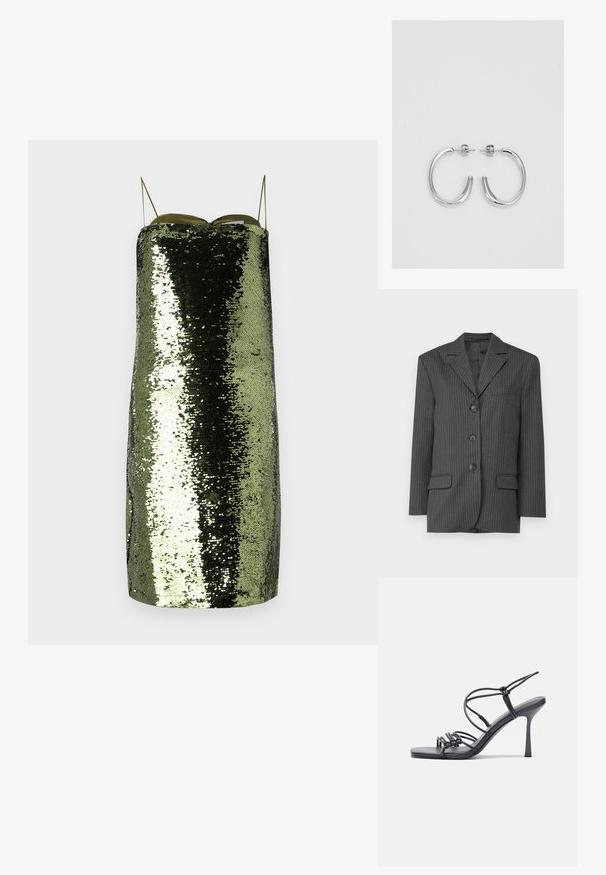 Dark gray pinstripe blazer with notched lapels, three front buttons, two front pockets, and a single chest pocket. Smooth fabric texture.; Green sequin dress with a straight cut, thin adjustable straps, featuring a reflective texture and a slim silhouette.; Black high-heeled sandals feature thin straps with a knotted design, a smooth square toe, and a sleek stiletto heel.; Light gray metallic handbag featuring a chain strap, embellished with small circular metallic studs and a triangular brand logo.; Silver hoop earrings with a smooth, shiny surface, featuring a curved shape and post-back closure. Minimalist design with a modern finish.