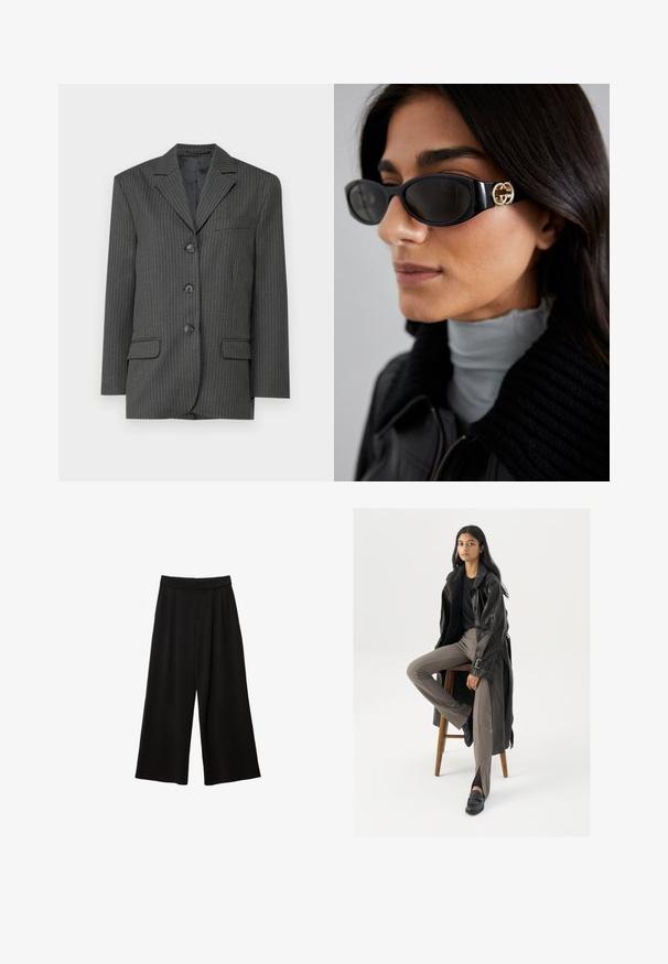 Blazer grigio scuro con righe verticali, colletti a punta, tre bottoni frontali, due tasche frontali e una tasca sul petto. Tessuto dalla texture liscia.; Top in cotone bianco senza maniche, con scollatura ampia e linea aderente. Tessuto liscio, design semplice e dettagli di cucitura minimi.; Pantaloni neri a gamba larga con vita alta, caratterizzati da pieghe, una texture liscia e senza tasche o decorazioni visibili.; Cappotto lungo in pelle nera con dettagli di bottoni e cintura, abbinato a pantaloni aderenti marrone chiaro e mocassini neri, seduto su uno sgabello di legno.; Occhiali da sole neri con una montatura rettangolare elegante e un accento del logo dorato sul lato. Le lenti scure e la finitura lucida sono evidenti.