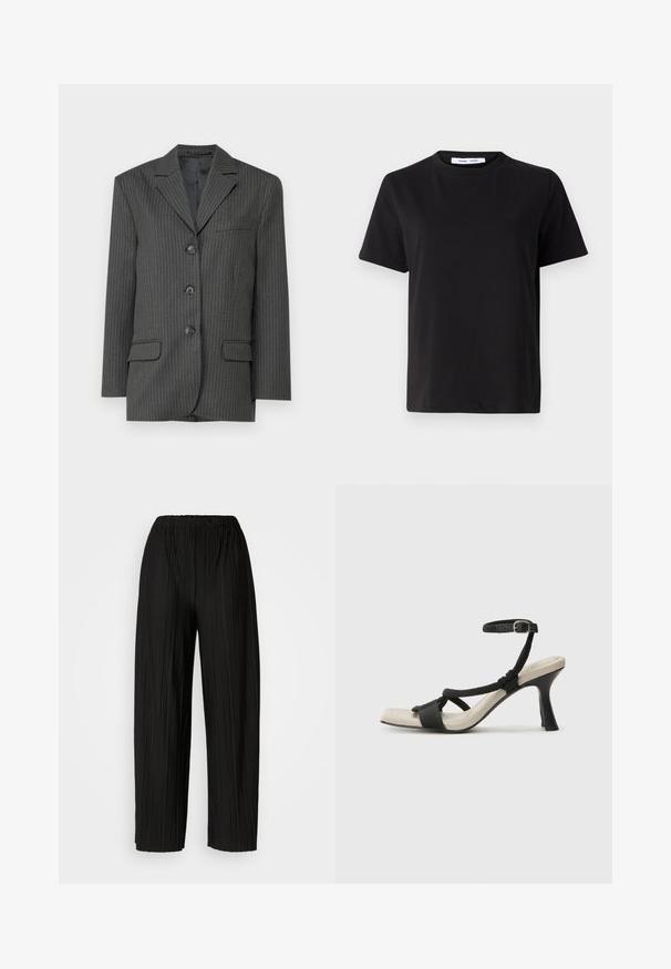 Dark gray pinstripe blazer with notched lapels, three front buttons, two front pockets, and a single chest pocket. Smooth fabric texture.; Black short-sleeve t-shirt made of soft cotton, featuring a round neckline, relaxed fit, and a smooth texture. No visible patterns or graphics.; Black pleated wide-leg pants with an elastic waistband. The fabric features vertical pleats and a smooth texture.; Black heeled sandal with braided strap design, square toe, and adjustable ankle strap. Light beige footbed with a glossy black heel.