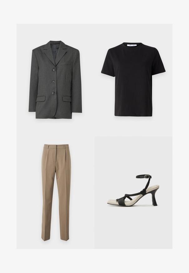 Sötétszürke csíkos zakó szabott hajtókával, három elülső gombbal, két elülső zsebbel és egy mellzsebbel. Simára szőtt anyagtextúra.; Fekete, rövid ujjú póló, puha pamutból készült, kerek nyakkivágással, laza szabással és sima textúrával. Nincs látható minta vagy grafikák.; Barna, sima anyagból készült, szabott nadrág, amelyen egyenes szárak, elülső hajtások és övhurkokkal ellátott derékrész található.; Fekete sarkú szandál fonott pánttal, négyzet alakú orral és állítható bokapánttal. Világos bézs talpbetét fényes fekete sarkával.