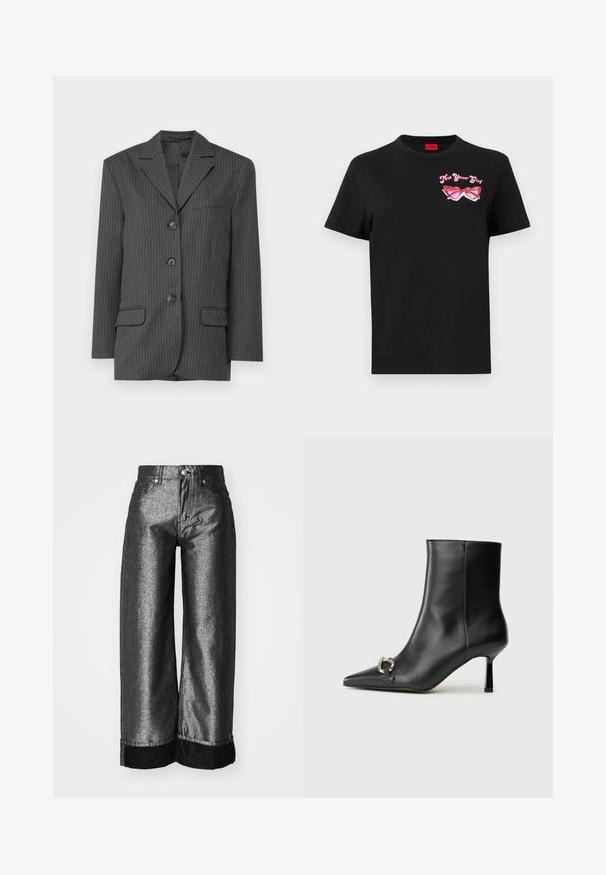 Sötétszürke csíkos zakó szabott hajtókával, három elülső gombbal, két elülső zsebbel és egy mellzsebbel. Simára szőtt anyagtextúra.; Fekete pamut póló rövid ujjal, amelyen a bal mellrészen egy rózsaszín napszemüveg grafika és a "Not Your Girl" felirat látható.; Fémes sötétszürke farmer széles szárú szabásban, sima textúrával. Fekete farmer szegéllyel és standard gombos záródással, övhurkokkal.; Fekete bőr bokacsizma hegyes orral, vékony közép magasságú sarokkal és ezüst csattal az oldalon, sima háttér előtt.
