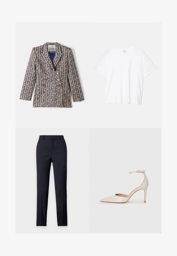 Lillelise mustriga bleiser, millel on tumesinised ja kuldsed triibud, millel on notšitud krae, topelt-nööbid ja pikad varrukad.; Valge puuvillane T-särk lühikeste varrukatega, ümmargune kaelus, mugav lõige ja õmmeldud serv. Silt nähtav kaela seest.; Tumed kohandatud püksid sirge lõikega, millel on sile tekstuur, kaks esist taskut ja puhas vöökoht.; Valgete nahast kõrge kontsaga kingad, terava varbaga, ankle strapiga ja kitsaste stiletto kontsadega. Sile tekstuur koos peene läikega.