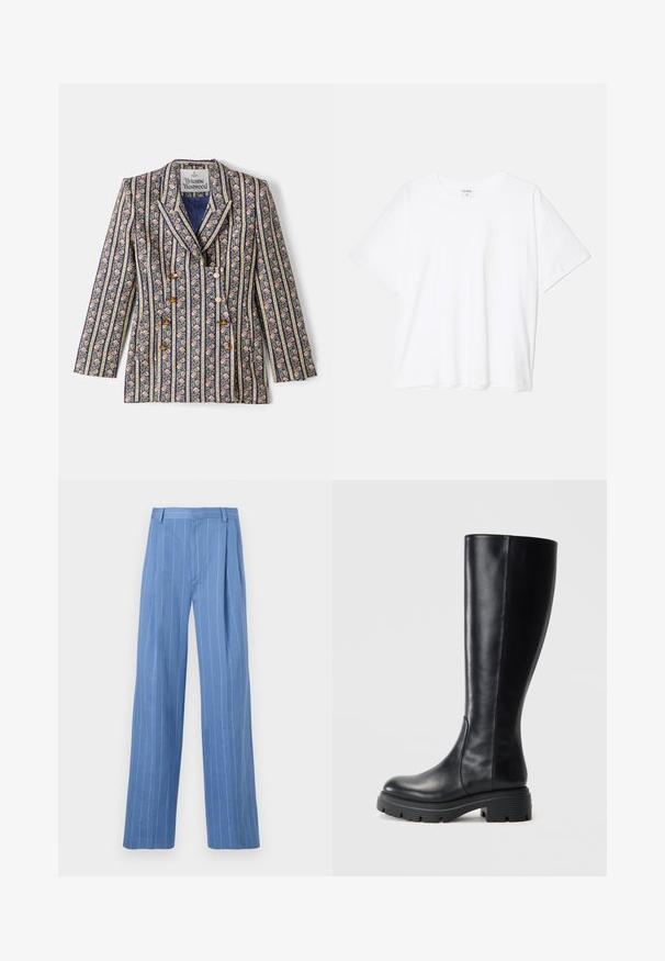 Gėlėmis rašytas švarkas su tamsiai mėlynomis ir auksinėmis juostomis, turintis iškirptę su notch, dvigubą sagų užsegimą ir ilgas rankoves.; Balta medvilnės marškinėliai trumpomis rankovėmis, apvalia iškirpte, laisvo kirpimo ir su siūtu kraštu. Etiketė matoma vidinėje iškirptės pusėje.; Šviesiai mėlynos plačios kojų kelnės su vertikaliomis baltomis juostelėmis. Pagamintos iš lygaus audinio, turi priekinę raukšlę ir švarų juosmens dizainą.; Juodi iki kelių siekiantys batai, pagaminti iš lygaus odos, su apvalia nosimi ir masyviais guminiais padais su protektoriaus raštais, užtikrinančiais sukibimą.