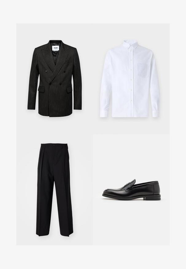 Dobbeltbrystet sort blazer med hvide pinstriber, udskårne revers, to frontlommer og en glat inderside. Mærkefiltret synligt indeni.; Hvid langærmet skjorte med knapper lavet af bomuld, med en brystlomme med tonal broderi, krave og knapmanchetter.; Sorte plisserede bukser med et lige, bred ben-design. Fremstillet af glat stof, med en knaplukning og bæltesløjfer.; Sorte læderloafers med en glat overflade, rund tå og en dekorativ strop over vampen. Lav hæl med stabeldesign, minimalistisk stil.