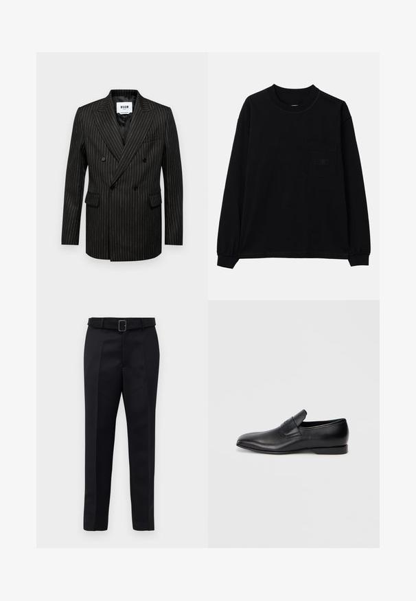 Kaksi-rivinen musta bleiseri, jossa on valkoiset raidoitukset, viisto kaulus, kaksi etupfronttia ja sileä sisävuori. Brändilogo näkyvissä sisällä.; Musta pitkähihaine T-paita, joka on valmistettu puuvillasta, jossa on pyöreä kaula-aukko, vasemmalla puolella rintatasku ja joustavat hihansuut. Minimalistinen muotoilu ilman kuvioita.; Mustat räätälöidyt housut on valmistettu sileästä kankaasta, niissä on suora leikkaus ja vyötäröllä solki, jossa on suorakulmainen muoto. Huomattavat etu taitteet parantavat muotoilua.; Musta nahkainen liukukengä, jossa on terävä kärki, sileä pinta ja huomaamaton brändäys sivussa. Matala korko ja siisti, minimalistinen muotoilu.