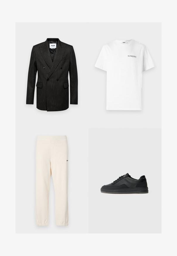 Dvojna črna blazer jakna s belimi črtami, zareznimi klapnicami, dvema sprednjima žepoma in gladkim notranjim podlogom. Oznaka blagovne znamke vidna znotraj.; Bela bomba majica iz bombaža z okroglo ovratnikom, ki na sprednji levi strani prsnega dela vsebuje majhen črn grafični napis "LA VEDDITA".; Hlače s kremasto barvo in elastičnim pasom ter manšetami, ki imajo stranske žepke in majhen črn logotip na hrbtni strani.; Črne teniske z gladkim usnjem, teksturiranimi detajli, ravnimi vezalkami in gumijastim podplatom z zigzag vzorcem.