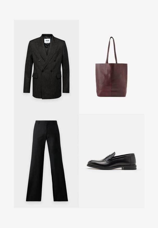 Blazer nero doppiopetto con righe verticali bianche, rever a punta, due tasche frontali e foderatura interna liscia. Etichetta del marchio visibile all'interno.; Polo a maniche lunghe in cotone bordeaux, con colletto classico, patta con tre bottoni e un piccolo logo sul petto.; Pantaloni neri a gamba larga realizzati in un tessuto liscio. Presentano una vita media e pieghe frontali, offrendo una silhouette sartoriale.; Mocassini neri in pelle con una texture liscia, punta arrotondata e una striscia decorativa sulla tomaia. Tacco basso impilato, design minimalista.; Borsa tote in pelle color mogano con due manici lunghi, forma rettangolare, texture liscia e design minimalista con cuciture a vista.; Collana di perle con chiusura in tono argento. Caratterizzata da perle bianche rotonde e un centro decorativo impreziosito da strass.