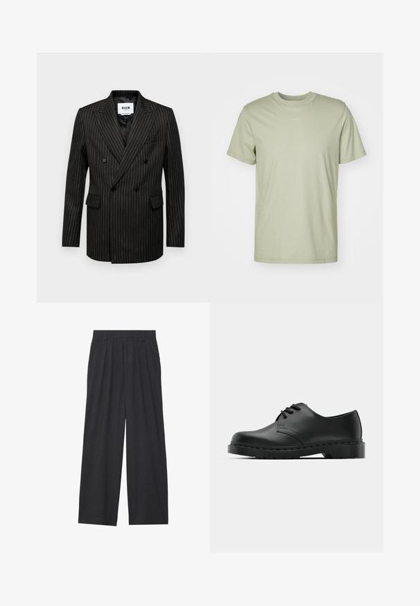 Blazer negro de doble botonadura con rayas blancas, solapas con muesca, dos bolsillos frontales y un forro interior suave. Etiqueta de la marca visible en el interior.; Camiseta de algodón verde claro con cuello redondo, mangas cortas y un sutil logo de la marca impreso en el centro del pecho.; Pantalones de pierna ancha hechos de tela gris oscura. Cuenta con pliegues en la cintura, un diseño a medida y una silueta recta.; Zapato oxford de cuero negro con diseño de cordones, punta redonda, suela de goma plana y un sutil detalle de costura en la parte superior.