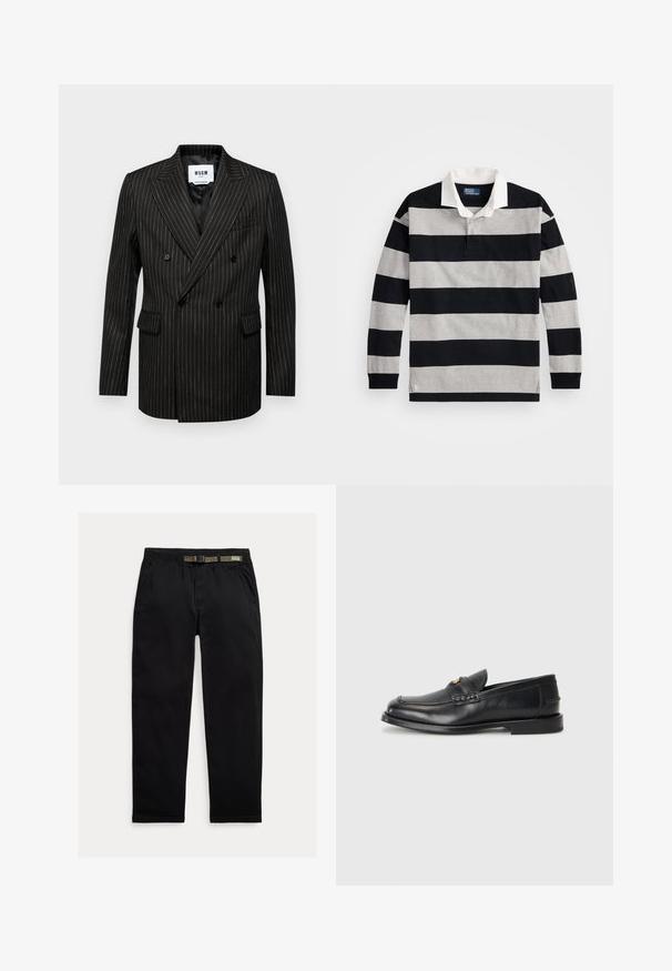 Kaksi-rivinen musta bleiseri, jossa on valkoiset raidoitukset, viisto kaulus, kaksi etupfronttia ja sileä sisävuori. Brändilogo näkyvissä sisällä.; Mustat ja harmaat raidalliset pitkät hihansuut polo-paita, jossa on valkoinen kaulus ja pieni logo korostus alahelmassa. Pehmeää puuvillaa.; Mustat housut, jotka on valmistettu kevyestä kankaasta. Niissä on joustava vyötärö, johon on integroitu vihreä vyö, suora lahje ja sivutaskut.; Mustat nahkaiset loaferit, joissa on pyöreä varvas, tikatut yksityiskohdat ja pieni kultainen yksityiskohta edessä. Pohja on litteä ja huomaamaton.