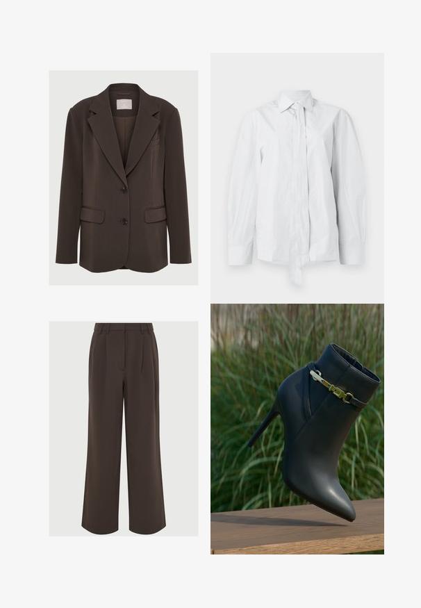 Bruine blazer met een notch-kraag, twee voorzakken en zwarte knopen; gemaakt van gladde stof met een getailleerde, gestructureerde pasvorm.; Wit, lang mouwshirt met een klassieke kraag en een verlengde voorknoop. Gemaakt van een gladde stof, met een ontspannen pasvorm en zonder patronen.; Bruine wijde broek van soepel materiaal. Heeft plooien aan de voorkant en een op maat gemaakte tailleband met riemlussen voor aanpassing.; Zwarte high-heeled enkelboot met spitse neus en gouden gespdetails, weergegeven op een houten oppervlak met een achtergrond van groene bladeren.