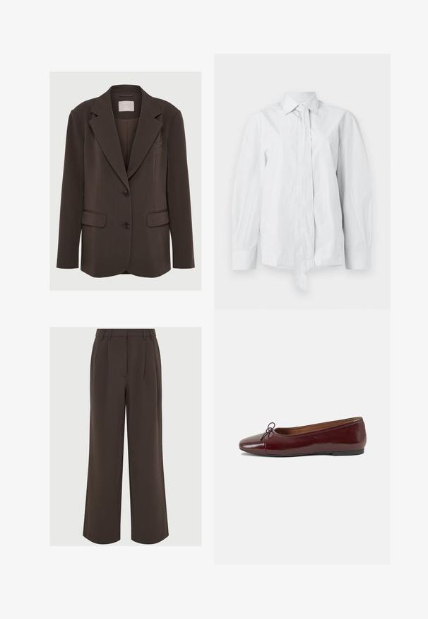 Rudas švarkas su išpjauta krakmole, dviem priekinių kišenėmis ir juodais mygtukais; pagamintas iš lygaus audinio su pritaikytu, struktūrizuotu siluetu.; Balta, ilgo rankovėmis marškiniai su klasikinėmis apykaklėmis ir ilgintu priekinio mazgu. Pagaminta iš lygaus audinio, su laisvu siluetu ir be raštų.; Kavai platūs rudi keliai, pagaminti iš lygios medžiagos. Priekyje turi raukšles ir pritaikytą juosmenį su dirželių kilpomis prisitaikymui.; Bordo lakiotos odos baleto bateliai su apvalia nosimi, maža kaspinėlio akcentu priekyje ir žema juoda guma padanga. Lygi tekstūra.