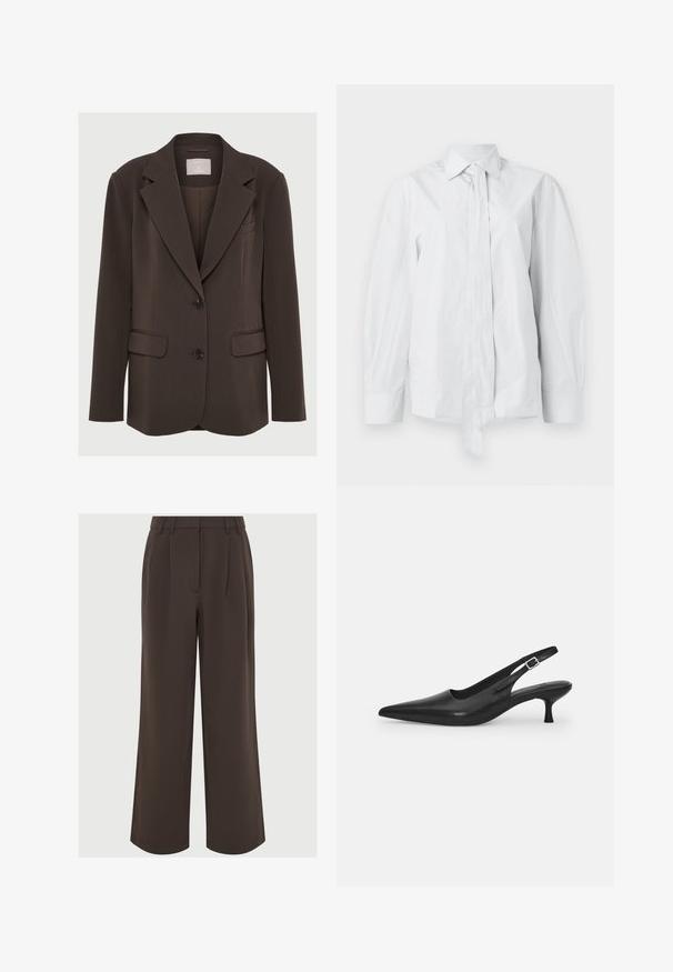 Hnedý blazer s klopovým golierom, dvoma prednými vreckami a čiernymi gombíkmi; vyrobený z hladkej látky s upraveným, štruktúrovaným strihom.; Biela, dlhá košeľa s klasickým golierom a predlženou mašľou. Vyrobená z hladkej látky, má uvoľnený strih a žiadne vzory.; Hnedé nohavice s širokými nohavicami vyrobené z hladkej látky. Obsahujú plisovanie vpredu a upravený pás s pútkami na opasok pre nastavenie.; Čierne kožené sandále s úzkym špičatým prstom a štíhlym zakriveným podpätkom. Majú diskrétny nastaviteľný popruh s kovovou sponou.