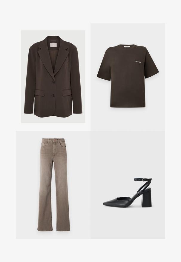 Rjava blazer z žepkastim ovratnikom, dvema sprednjima žepoma in črnimi gumbi; izdelan iz gladkega materiala z natančnim, strukturiranim krojem.; Rjava bombažna majica s kratkimi rokavi, sproščenega kroja, okroglega ovratnika, z majhnim belim vezenim napisom na levem prsnem delu.; Rjavi visoki naramnice z ravnimi hlačnicami in sprednjim gumbom, z zanko za pas in klasičnim petim žepnim dizajnom na beli podlagi.; Črne usnjene klasične čevlje z ostrim nosom, z zaponko za gleženj in debelim peto. Ravna tekstura, eleganten dizajn in minimalistična estetika.