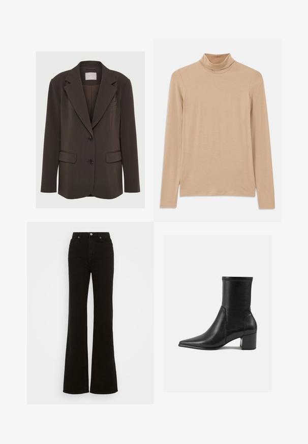 Blazer castanho com gola com corte, duas bolsos à frente e botões pretos; feito de tecido suave com um ajuste estruturado e bem cortado.; Camisola bege de mangas compridas com gola alta, feita de um tecido macio e texturizado; apresenta um corte justo e gola alta. Sem padrões visíveis ou acessórios.; Calças jeans pretas de cintura alta e boca de sino, feitas de denim, com fecho de botão, bolsos laterais e uma textura suave.; Bota ankle preta feita de couro liso, com bico pontudo, salto quadrado e costura em relevo distinta na borda superior.