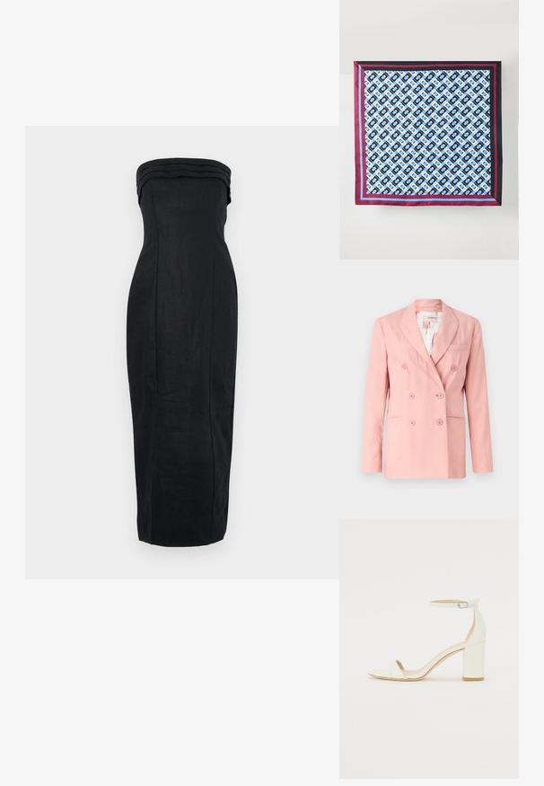 Rožinė dviejų eilių švarkas su išlenktais atlapais, dviem priekinių kišenėmis ir šešiais derančiais mygtukais; lygi medžiaga ir pritaikytas fasonas.; Juodas be petnešų suknelė su prigludusia siluetu, tekstūruotu audiniu ir tvirtu plisuotu dekolte. Midi ilgio, su lygiu finišu.; Baltos odos blokinio kulno sandalai, su kulkšnies dirželiu ir sagtimi, minimalistinio dizaino. Atvira pirštų dalis ir sklandžios tekstūros visoje. ; Šilko šalikas su pakartotiniu mėlynos ir juodos spalvos raštu baltame fone, apvaduotas bordo ir mėlynomis juostelėmis aplink kraštus.; Juodos odinės rankinės su siuvinėta struktūra. Yra auksinė grandinės petneša ir užsegimas flapu, kuriame matomas logotipas įspaustas priekyje.