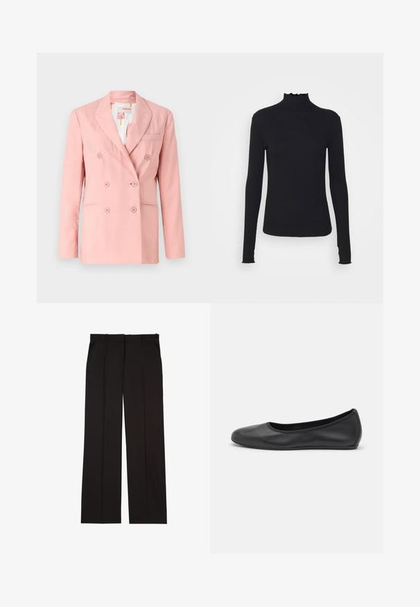 Ροζ διπλής όψης σακάκι με κοφτά πέτα, δύο μπροστινές τσέπες και έξι αντίστοιχους κουμπιά; απαλό ύφασμα και κομψή εφαρμογή.; Μαύρο τοπ με μακριά μανίκια και λαιμόκοψη τύπου τσουνάμι, κατασκευασμένο από λείο ύφασμα, με λαιμό από βολάν και εφαρμοστή σιλουέτα με απλές ακμές.; Μαύρο παντελόνι κομμένο, κατασκευασμένο από απαλό ύφασμα, με σχέδιο ίσιας γραμμής και δύο πλαϊνές τσέπες. Κομψή και μινιμαλιστική κατασκευή.; Μαύρο δερμάτινο μπαλαρίνι με στρογγυλή μύτη, λεία υφή, ελάχιστες λεπτομέρειες ραφής και σχεδίαση ευέλικτης σόλας.
