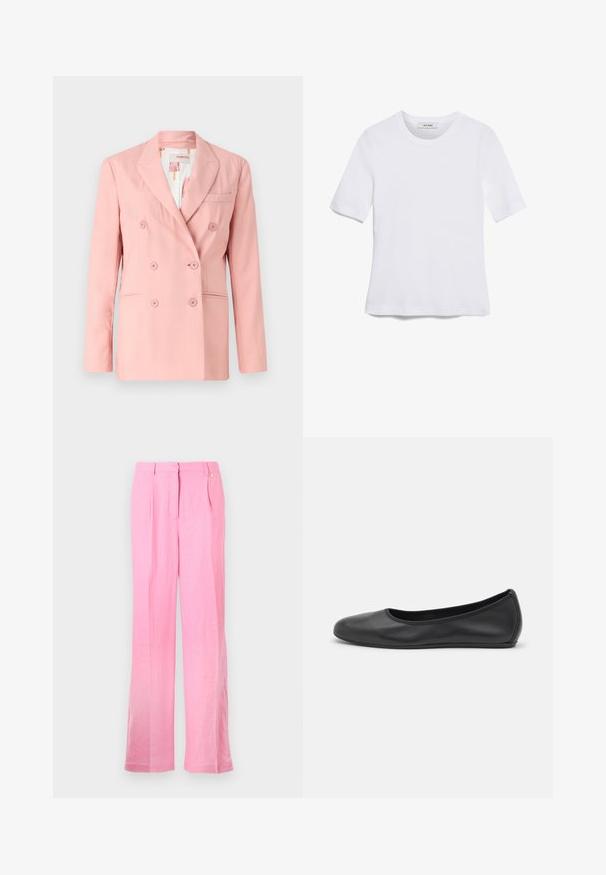 Rózsaszín, dupla gombos blazer, kifordított hajtókával, két elülső zsebbel és hat azonos gombbal; sima anyag és szabott fazon.; Fehér, rövid ujjú póló ribbed anyagból. Kerek nyakkivágás, normál szabás és diszkrét varrási részletek. Nincsenek minták vagy grafikák.; Rózsaszín len nadrág, laza szabású, elülső pliszékkal, gombos záródással és oldalsó zsebekkel. Simább textúrával és egyenes szárú kialakítással.; Fekete bőr balettcipő lekerekített orral, sima tekstúrával, minimális varrással és rugalmas talp kialakítással.