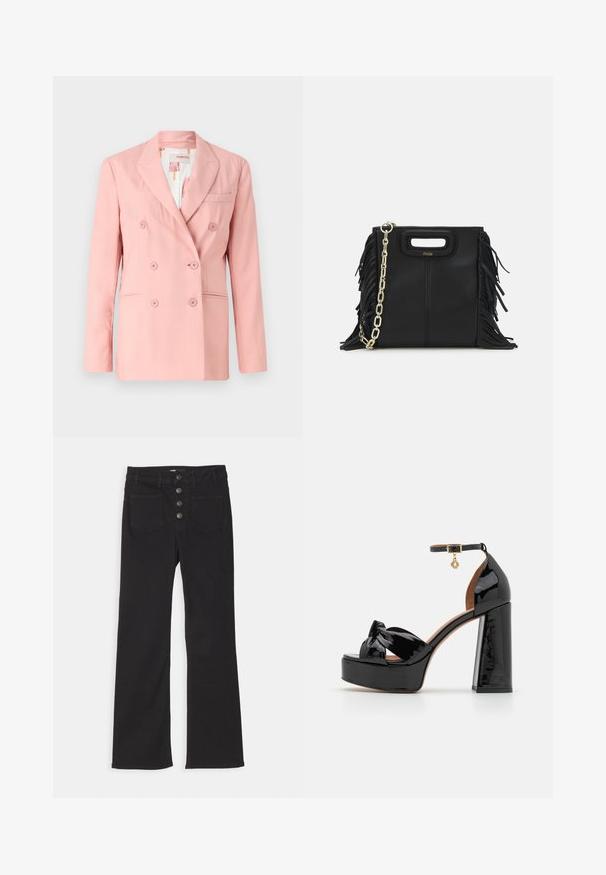 Rózsaszín, dupla gombos blazer, kifordított hajtókával, két elülső zsebbel és hat azonos gombbal; sima anyag és szabott fazon.; Sötétkék bordázott póló, hegyes gallérral, rövid ujjakkal és két elülső zsebbel, amelyek patentgombokkal záródnak; fehér varrási díszítésekkel kiemelve.; Fekete, bővülő szárú farmernadrág, magas derékkal, öt zsebes dizájnnal és elöl négy fémből készült gombbal záródik.; Maje Magas sarkú szandálok - noir; Fekete bőr kézitáska, frufrus részletekkel, arany láncos vállpánttal és kivágott fogantyúval. Az elülső részen logó található.