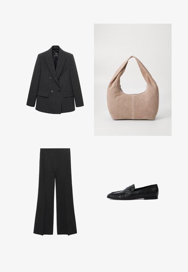 Donkergrijze pinstripe dubbele knoopblazer met notch-lapels, vier knopen en klepzakken op een witte achtergrond.; Zwarte gebreide trui met een ronde hals, lange mouwen en een cropped ontwerp. Gemaakt van een zacht materiaal met een gladde textuur.; Zwarte wijde broek met subtiele verticale streepdessin en een elastische tailleband, plat weergegeven op een witte achtergrond.; Zwarte leren loafers met een ronde neus, gestikte details aan de voorkant en een platte zool. Minimalistisch ontwerp met een subtiele logo-accent. ; Hobo-tas gemaakt van zacht, suède materiaal in een lichtbeige kleur. Heeft een ronde vorm met een brede schouderband en een ritssluiting.