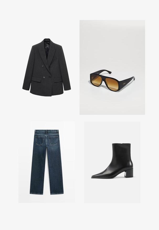 Ciemnoszara marynarka w paski, podwójnie zapięta, z klapami, czterema guzikami i kieszeniami z patkami na białym tle.; Biała koszula z guzikiem, w pionowe jasnoszare paski, z rozłożonym kołnierzykiem, długimi rękawami i luźnym krojem. Wykonana z lekkiego materiału.; Granatowe dżinsy o prostym kroju, z dwoma tylnymi kieszeniami i widocznym ściegiem wzdłuż szwów i brzegów.; Czarne skórzane botki za kostkę z wydłużonym noskiem, gładką fakturą i średnim obcasem w kształcie słupka. Minimalistyczny design, zamek błyskawiczny z tyłu.; Czarne prostokątne okulary przeciwsłoneczne z brązowymi gradientowymi soczewkami. Wykonane z tworzywa sztucznego, z gładką powierzchnią i subtelnym złotym logo na zausznicy.