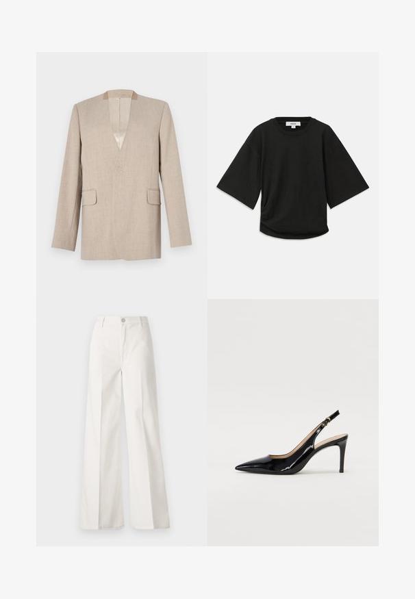 Beige linen blazer with a v-neckline, single button closure, two front pockets, and a smooth inner lining. Simple and tailored design.; Black short-sleeve t-shirt made of soft cotton, featuring a round neckline and a relaxed fit with a subtle gathered detail at the side.; White wide-leg trousers made from cotton with a smooth texture. Features a front button, zipper fly, and four-pocket design.; Black patent leather slingback pump with pointed toe, slim heel, and a subtle cutout design. Features a gold buckle on the strap.