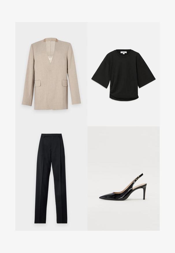Beige pellavapuku, jossa on V-pääntie, yksittäinen nappikiinnitys, kaksi etutaskua ja sileä vuori. Yksinkertainen ja nykyaikainen leikattu muotoilu.; Musta lyhythihainen t-paita pehmeää puuvillakangasta, jossa on pyöreä kaula-aukko ja rento leikkaus, jossa on huomaamaton keräysdetaili sivussa.; Musta housut, jotka on valmistettu sileästä kankaasta ja joissa on korkea vyötärö, leveät lahkeet, etukaarteet ja klassiset vyölenkit. Ei näkyviä sivutaskuja.; Musta lakattu nahkainen slingback-korkokenkä, jossa on terävä kärki, kapea korko ja hillitty leikkaussuunnittelu. Varressa on kultainen solki.