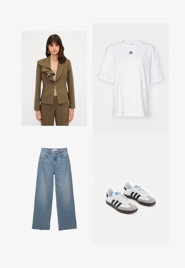 Olijfgroene blazer met een grote gerimpelde kraag, slim fit ontwerp, lange mouwen en een enkele knoopsluiting. Soepele stofstructuur.; Witte korte mouwen t-shirt van katoen. Voorzien van een ronde hals en een klein zwart Adidas-logo op de borst. Rechthoekige zoom.; Lichtblauwe wijde jeans van denim. Heeft een hoge taille, vijf zakken en een rechte pasvorm met minimale vervaging.; Sportschoenen met een witte leren bovenkant, grijze suède neus en drie zwarte strepen. Bevat een blauw logo op de tong en een gestructureerde rubberen zool.