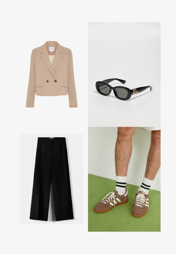 Vaalean beige kaksirivinen bleiseri, joka on valmistettu sileästä kankaasta, jossa on kaareva kaulus, kaksi etutaskua ja tummat napit.; Valkoinen puuvillainen hihaton toppi, jossa on pyöristetty pääntie, ei hihoja ja vartalonmyötäinen muoto. Sileä pinta, yksinkertainen muotoilu ja vähäiset ompeluyksityiskohdat.; Mustat leveälahkeiset housut, jotka on valmistettu kevyestä kankaasta. Housuissa on etunappikiinnitys ja tasainen etuosa, sekä huolellisesti ommellut helmat.; Ruske nahkate sneakerit valkoisilla korostuksilla ja nauhoilla. Kumi-gumipohja. Yhdistetty valkoisiin sukkiin, joissa on mustia raitoja. Vihreä teksturoitu lattia.; Mustat muoviset aurinkolasit, joissa on vihreät linssit, ovaalin muotoiset ja kultaiset logot yksityiskohdat temppeleissä. Sileä pinta ja kiiltävä viimeistely.; Mustat nahkalaukku, jossa on yksi ylhäältä avautuva vetoketju, lyhyt olkahihna, joka on kiinnitetty hopeisilla renkaita, sekä hienovarainen brändilogo edessä.