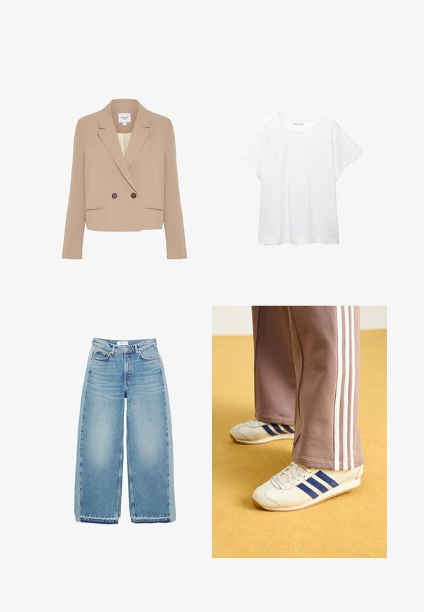 Beige, dupla soros blézer sima szövetből, kiemelkedő gallérral, két elülső zsebbel és sötét gombokkal.; Fehér póló, puha, könnyű anyagból készült. Kerek nyakú, rövid, széles ujjaival és laza szabásával rendelkezik. Nincsenek látható minták.; Világoskék, bőszárú farmernadrág, magas derekú, gombos záródással, elülső zsebekkel és nyers szegéllyel.; Krém színű sneakers, kék velúr csíkokkal, fehér fűzővel és gumitalppal. Szürke melegítőnadrággal párosítva, fehér oldalsó csíkokkal.