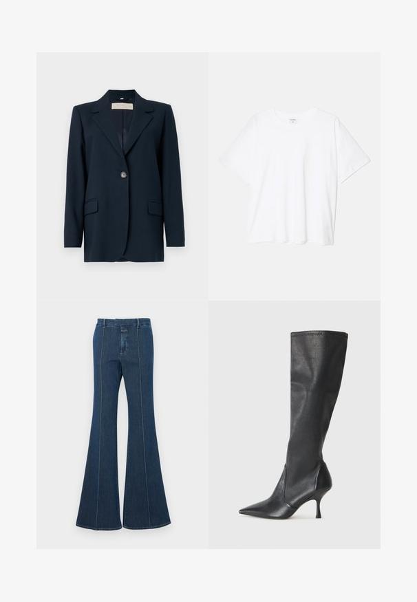 Tumesinise bleiser, millel on üks nööbid, teravad kraed, kaks esikotti ja veidi struktureeritud sobivus. Sile kangastekstuuri.; Valge puuvillane T-särk lühikeste varrukatega, ümmargune kaelus, mugav lõige ja õmmeldud serv. Silt nähtav kaela seest.; Tumed sinised teksapüksid, millel on struktureeritud õmblused ja puhas viimistlus. Omab keskmise tõusuga vööd ja laiad, voolavad sääred.; Knee-high mustad nahksaapad terava nina ja kitsaste stiilsete kontsadega. Sile tekstuur sobiva disainiga ja õmblused ülemisel serval.