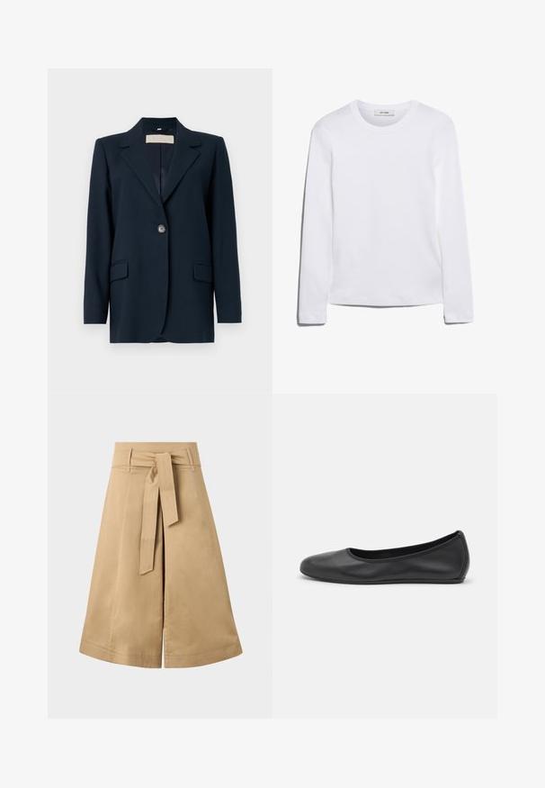 Blazer azul marinho com fecho de um único botão, lapelas afiadas, dois bolsos frontais e um corte ligeiramente estruturado. Textura do tecido suave.; Camisola de manga longa branca feita de algodão canelado, com um decote redondo e uma bainha reta. Design simples, sem padrões ou detalhes.; Saia midi em caqui, envolvente, com um cinto de laço, feita de algodão leve, apresentando uma silhueta evasê e detalhes de costura visíveis.; Bailarina preta em pele com bico arredondado, textura suave, detalhe de costura minimalista e design de sola flexível.