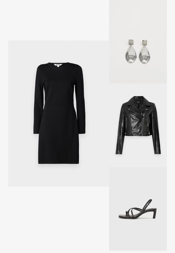 Zwarte leren cropped jas met een ingesneden kraag, ritszakken en details op de mouwen, gelabeld "ONLY" op de binnenste hals.; Zwarte lange mouw jurk met een ronde halslijn. Strakke pasvorm met een naaddetail op de taille. Zacht fabric, gladde textuur. Geen patronen of versieringen.; Zwarte sandaal met bandjes, vierkante teen en een lage blokhak. Voorzien van meerdere dunne bandjes en een verstelbare enkelband. Gemaakt van zacht leer.; Zilveren druppeloorbellen met een vierkante stud, voorzien van een gladde, gepolijste afwerking en een druppelvorm, die het licht weerspiegelt met een glanzend oppervlak.