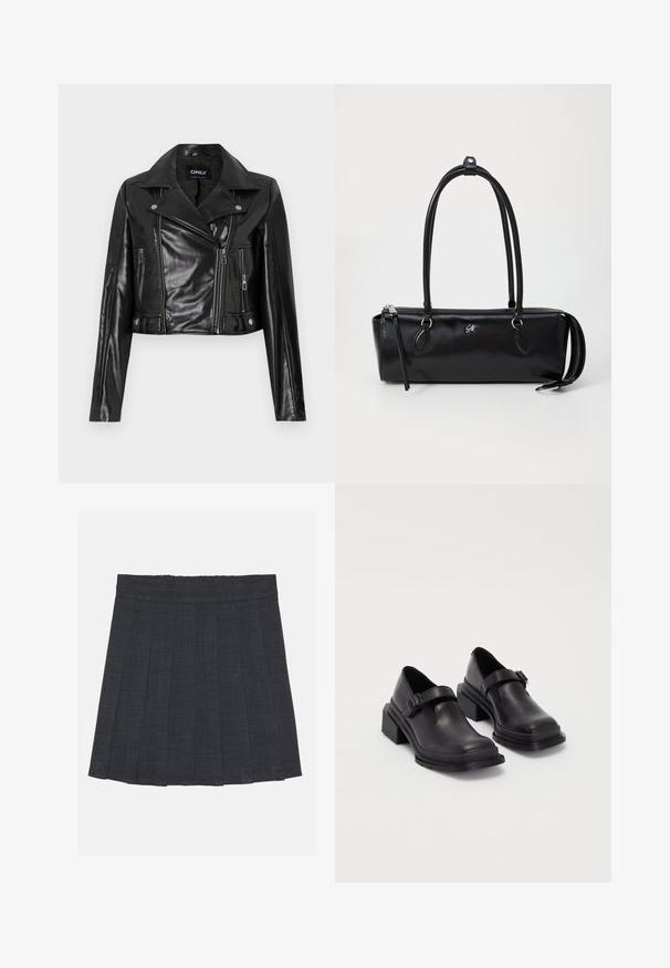 Sort cropped læderjakke med klippet krave, lynlåslommer og detaljer på ærmerne, mærket "ONLY" på den indre halsudskæring.; Hvid kabelstrikket sweater med lange ærmer, rund halsudskæring og en dekorativ perleaccent ved kraven. Blød tekstur og tætsiddende design.; Mørkegrå plisseret nederdel med elastisk talje, der har et struktureret stof og en klassisk A-formet silhuet. Velegnet til hverdag.; Sorte lædersko med rund tå, flad sål og en rem med spænde detaljer. Chunky blokhæl for øget stabilitet.; Sort læderhåndtaske med rektangulær form, glat tekstur, to håndtag, lynlås-lukning og et lille logo på forsiden.