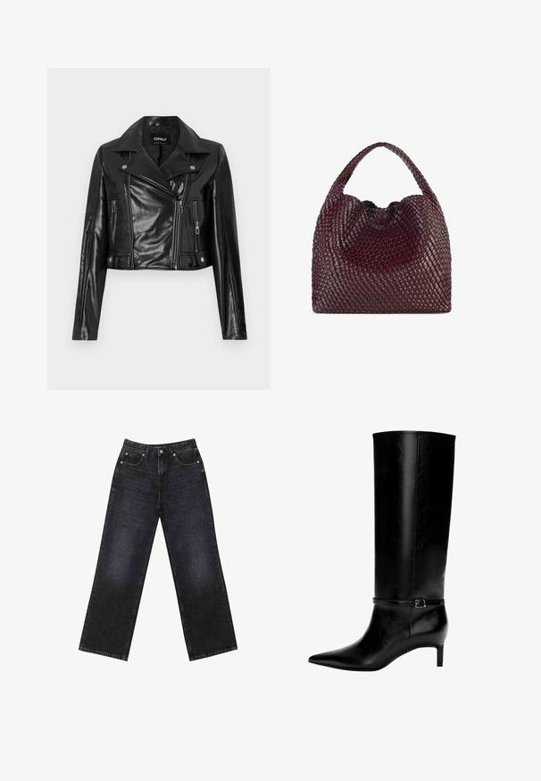 Czarna skórzana kurtka typu cropped z wyszczerbionym kołnierzem, kieszeniami na suwak i detalami na rękawach, oznaczona napisem "ONLY" na wewnętrznej części dekoltu.; Przycięta koszula w kratę w odcieniach burgundowym i brązowym, z guzikami z przodu, kołnierzykiem i kieszonką na piersi. Miękka tkanina z długimi rękawami.; Czarne dżinsy z wysokim stanem i szerokimi nogawkami, pięciokieszeniowy design oraz widoczne szwy. Materiał ma gładkie, lekko teksturowane wykończenie.; Czarne skórzane wysokie botki z ostrym noskiem i niskim obcasem. Posiadają wąski pasek z metalową klamrą wokół kostki. Gładka tekstura.; Torebka w kolorze burgundowym, pleciona, o zaokrąglonym kształcie i pojedynczym uchwycie, z teksturowaną powierzchnią oraz elastycznym zaciąganym zapięciem.