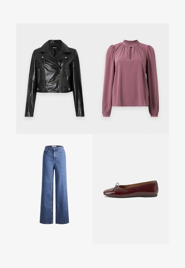 Juodas trumpas odinis švarkas su įpjautu apykakle, užtrauktukais užsegamomis kišenėmis ir detalėmis ant rankovių, vidinėje kaklo dalyje pažymėtas „ONLY“. ; Ilga rankovė mauve spalvos bluzonė su surinkta apykakle, raktų skylutės iškirpte su mygtuko uždarymu ir šiek tiek pūstomis petnešomis.; Šviesiai mėlynos džinsinės kelnės plačiu sijonu ir aukštu liemeniu, su dviem priekinių kišenių ir matomu siuvimu. Su mygtuko ir užtrauktuko uždarymu.; Bordo lakiotos odos baleto bateliai su apvalia nosimi, maža kaspinėlio akcentu priekyje ir žema juoda guma padanga. Lygi tekstūra.