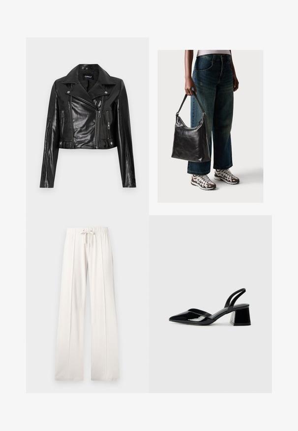 Jacket de couro preto cropped com colarinho com recortes, bolsos com zíper e detalhes nas mangas, rotulado "ONLY" no interior do decote.; T-shirt branca curta feita de algodão, com mangas curtas, um decote redondo e uma bainha reta, apresentando uma textura suave e um design minimalista.; Calças de fato de treino beija claro, feitas de um tecido suave, com cintura elástica ajustável, pernas largas e costuras verticais, apresentando uma textura lisa.; Sandy em verniz preto com salto slingback, ponta afilada e salto geométrico. Apresenta um design elegante e minimalista com textura suave.; Bolsa de ombro em couro preto com textura suave e alça ajustável, combinada com jeans de perna larga desbotados e ténis desportivos.