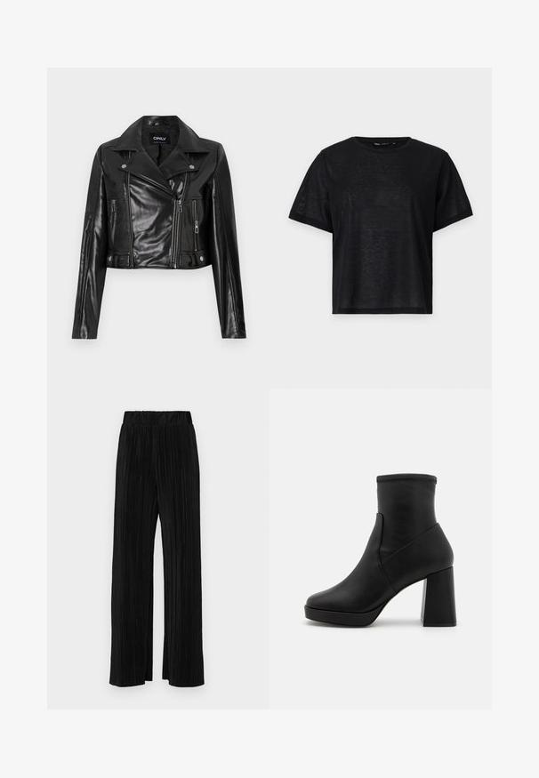 Must be musta nahk-jakk, millel on nurgeline krae, tõmblukk-kotid ja detailid varrukatel, seesmise krae peal on silt "ONLY".; Must musta lühikese varrukaga T-särk, millel on vabalt langev lõige, sile tekstuur ja ümmargune kaelus. Kerge kangas, millel on kerge sära.; Mustad pleekitud püksid elastse vöökohtaga. Omavad laiad jalad ja sujuvat, tekstureeritud kangast vertikaalsete triipudega.; Must mustad musta nahast ankle boot kõrge plokknööriga, sile tekstuur ja hästi sobiv ülaosa. Omab ühtset disaini ilma nähtavate kinnitusteta.
