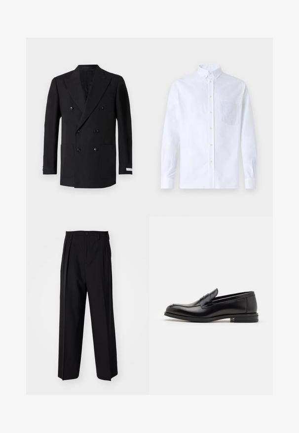 Dubultā krāsa melna žakete, izgatavota no kvalitatīvas auduma, ar divām priekšējām kabatām, iegrieztām apkaklēm un melniem pogām. Pielāgota fit.; Balts garo piedurknēm krekliņš ar pogām, izgatavots no kokvilnas, ar krūšu kabatu ar tonālu izšuvumu, apkakli un pogām pie piedurknēm.; Melnas plisētās bikses ar taisnu, plata kāja dizainu. Izgatavotas no gludas auduma, ar pogu aizdari un jostas cilpiņām.; Melnas ādas kurpes ar gludu tekstūru, noapaļu purngalu un dekoratīvu siksniņu pāri priekšpusei. Zems sakrauts papēdis, minimālisma dizains.