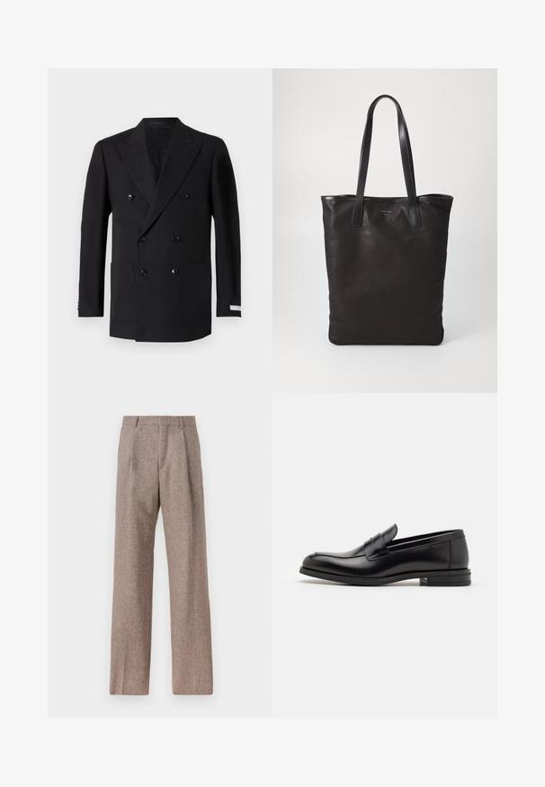 Double-breasted black blazer made of fine fabric, featuring two front pockets, notched lapels, and black buttons. Tailored fit.; White long-sleeve button-up shirt made of cotton, featuring a chest pocket with tonal embroidery, a collar, and button cuffs.; Brown, high-waisted trousers made of textured fabric. Features wide legs and two front pleats for structure. Neat finish with no visible hardware.; Black leather loafers with a smooth texture, rounded toe, and a decorative strap across the vamp. Low stacked heel, minimalist design.; Black canvas tote bag with black leather handles. Simple design, spacious body, and a smooth texture. No visible logos or patterns.