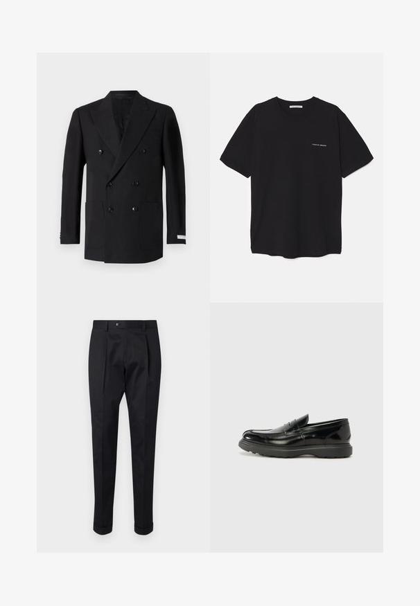 Dubbelknäppt svart blazer i fint tyg, med två framfickor, slagkrage och svarta knappar. Skräddarsydd passform.; Svart bomull T-shirt med rund hals, korta ärmar och vit logotryck på vänster bröst. Enkel, enfärgad design.; Svarta byxor i ett glatt tyg, med en veck fram, knappstängning och uppvikta nederkant vid anklarna.; Svart läderloaferskor med en glänsande yta, rund tå, diskreta söm detaljer och en tjock gummisula för hållbarhet.