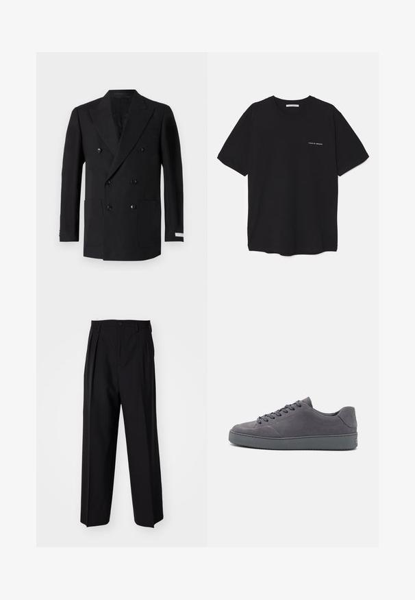 Blazer preto de duplo botão, feito de tecido fino, com dois bolsos frontais, lapelas recortadas e botões pretos. Ajuste sob medida.; T-shirt preta de algodão com gola redonda, mangas curtas e impressão de logó tipo branca no lado esquerdo do peito. Design simples, de cor sólida.; Calças pretas plissadas com um design reto e de perna larga. Feitas de um tecido liso, apresentam um fecho de botão e passantes para cinto.; Sapatilhas de camurça cinza com um design de cano baixo, bico redondo, frente com atacadores e sola de borracha texturizada. Estilo minimalista com uma marca discreta no calcanhar.
