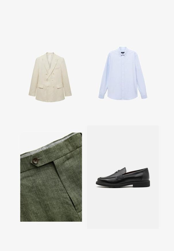 Mango AMALFIC - Sako - off-white; Světle modrá košile s dlouhým rukávem a klasickým límcem, rovný lem a jemná textura. Má centrální uzávěr na knoflíky.; Olivově zelené lněné kalhoty s předním záhybem, vybavené zapínáním na knoflík a kontrastní kostkovanou podšívkou v pase.; Černé syntetické mokasíny s výrazně prošívanou špicí, měkkou stélkou a plochou gumovou podrážkou; elegantní design s minimálním zdobením.
