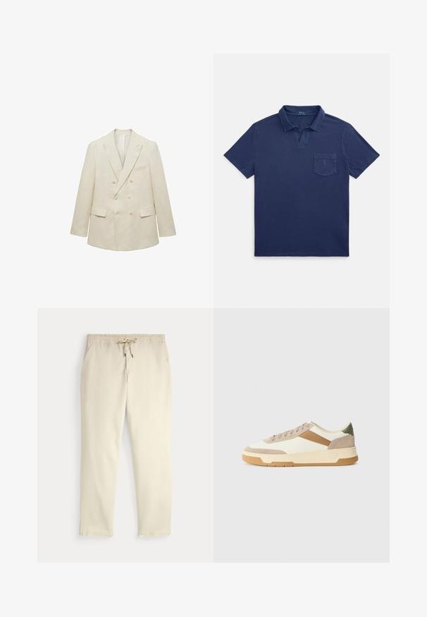 Mango AMALFIC - Sacou - off-white; Tricou polo bleu marin din bumbac, cu guler pliat, mâneci scurte și buzunar pe piept cu un mic logo.; Pantaloni casual off-white cu talie elastică și șnur, picioare drepte și buzunare laterale, pe un fundal simplu.; Adidași în nuanțe de bej, crem și verde măsliniu, realizati din materiale de piele nobila și suede, cu vârf rotund, design minimalist și talpă din cauciuc.