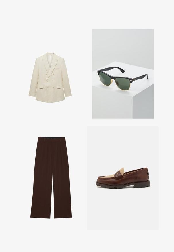 Mango AMALFIC - Blazer jacket - off-white; White cotton tank top with a round neckline, wide shoulder straps, and a straight hem, featuring a smooth texture and no visible patterns.; Brown wide-leg trousers with pleats. Made of a smooth fabric, featuring a tailored waistband and side pockets. Flat hem at the bottom.; Brown leather loafers with a taupe canvas accent, stitched detail, and a textured rubber sole designed for comfort and durability.; Ray-Ban sunglasses with green lenses, black plastic frames, and gold accents at the edges. Square shape with a matte finish.