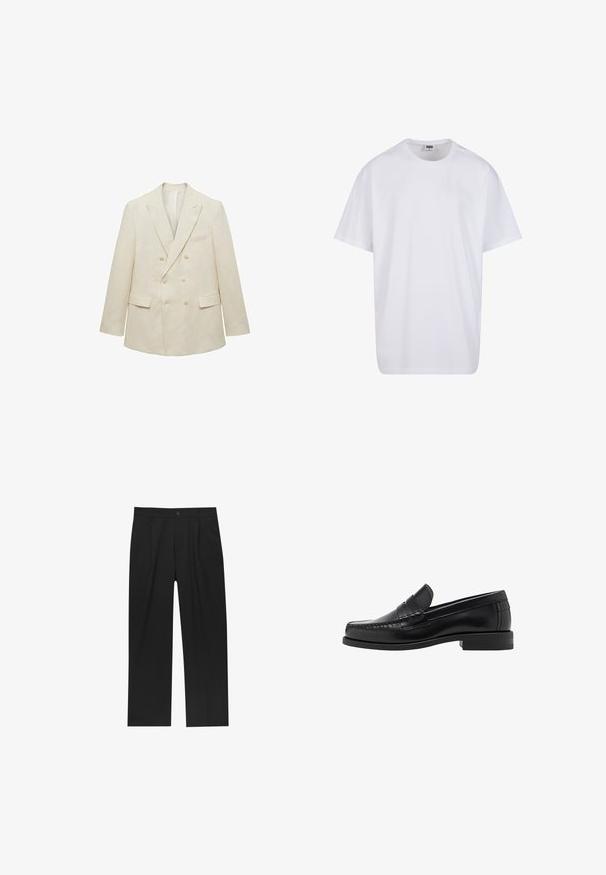 Mango AMALFIC - Giacca - off-white; Maglietta bianca in cotone con maniche corte, scollatura rotonda, vestibilità comoda e senza loghi o motivi visibili. Texture liscia e design minimale.; Pantaloni neri con un design a gamba dritta, realizzati in un tessuto liscio. Presentano pieghe frontali e una chiusura a un bottone in vita.; Mocassini in pelle nera con una finitura liscia, dettagli cuciti sulla punta e un design a tacco basso per comfort e stile.