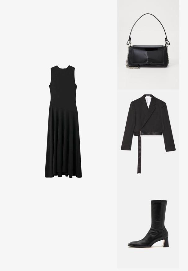 Sort cropped blazer med et elegant design, dobbeltknap foran, skarpe revers og et bælte i satinlook, der er fastgjort med en metalspænde.; Sort ærmeløs maxikjole med tætsiddende bærestykke og udvidet nederdel, der har en glat tekstur og minimalistisk design, uden synlige lukninger.; Sort læder ankelstøvle med en tætsiddende skaft, spids tå og en kraftig hæl. Har en glat overflade og minimal syning.; Sort patenteret læder håndtaske med rektangulær form, kædestrop, og et særpræget hardwaredetalje i midten. Glat tekstur.